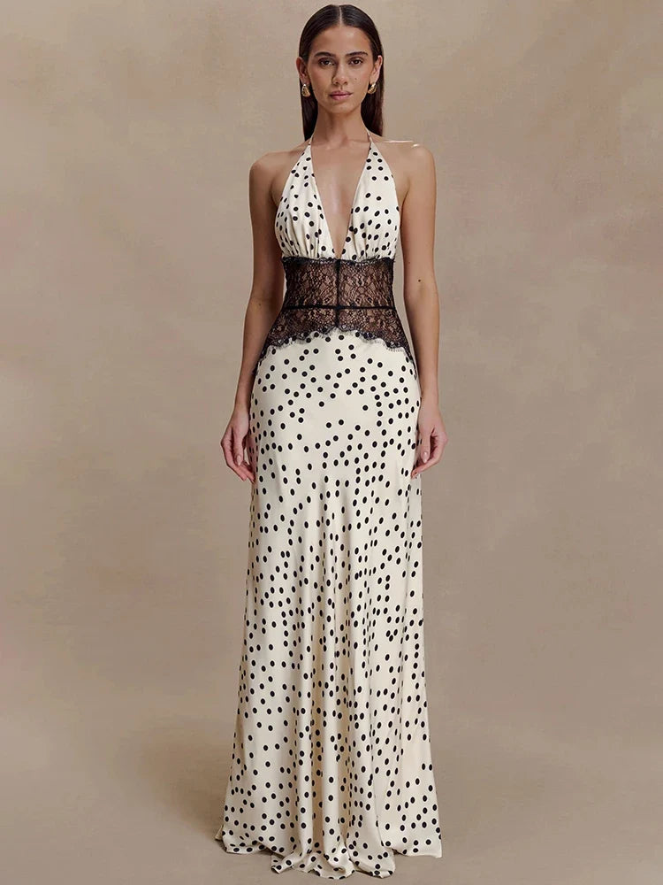 Polka Dot Backless Sexy Maxi Dress Women Gown Elegant Patchwork Lace Halter Deep V Neck Sleeveless Bodycon Club Dress