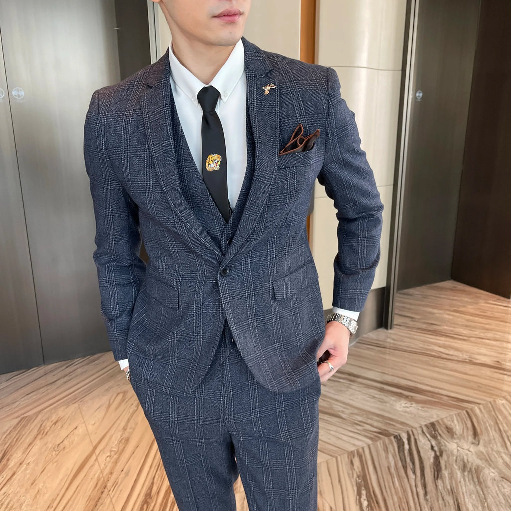 British Modified Plaid Three-Piece Suit for Men - Stylish Business Casual Suit Vest And Trousers Set
