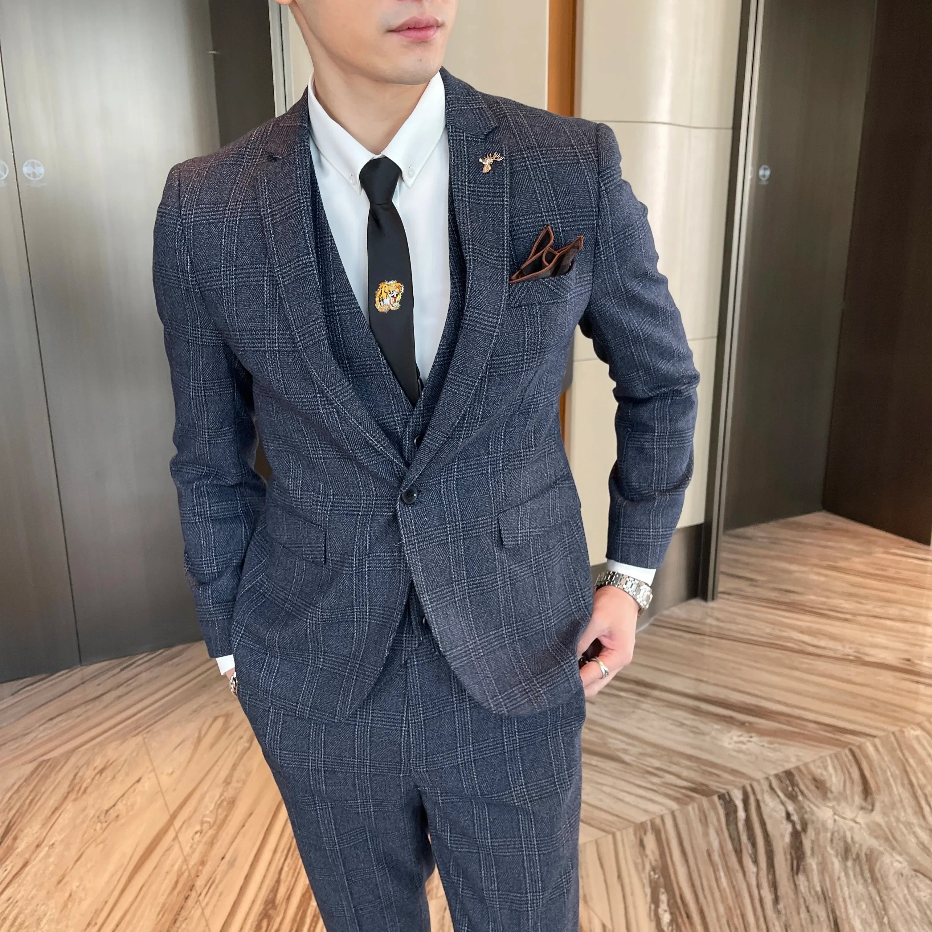 British Modified Plaid Three-Piece Suit for Men - Stylish Business Casual Suit Vest And Trousers Set