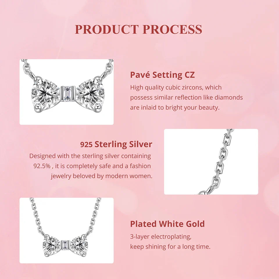 925 Sterling Silver Full Zircons Bow Pendant Necklace Sweet Bowknot Link Chain for Women Girls Birthday Gift Fine Jewelry