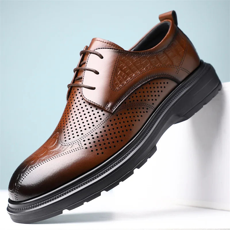 2026 Summer New Men's Cow Leather Oxford Shoes Hollow Out Formal Business Dress Shoes Male Non-slip Fashion Platform Shoe Man