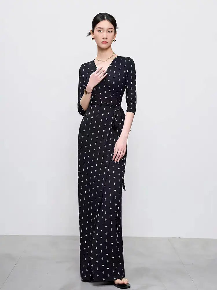 High End Half Sleeved Floral Long Dress For Women, 2026 Spring/Summer One-Piece Lace Up Lazy And Relaxed Vacation Dress