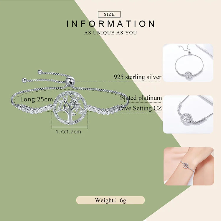 925 Sterling Silver Tree of Life CZ Tennis Bracelet Women Adjustable Bolo Bracelet Fine Jewelry SCB035