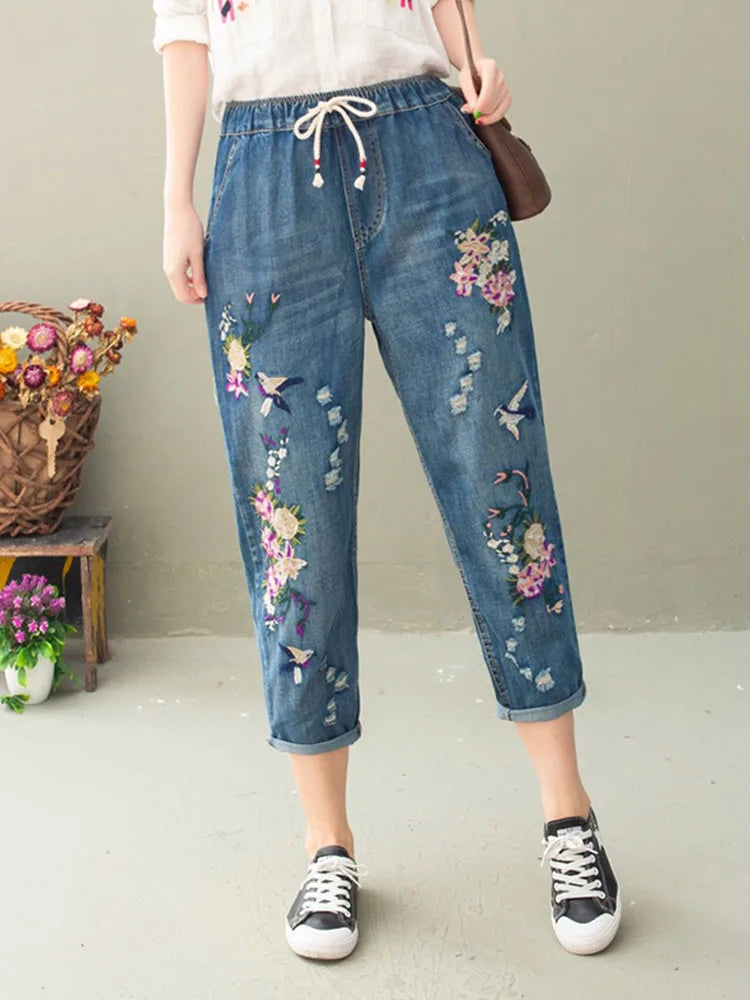 Vintage Floral Loose Denim Pants Chinese Style Casual Ripped Blue Jeans