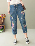 Vintage Floral Loose Denim Pants Chinese Style Casual Ripped Blue Jeans