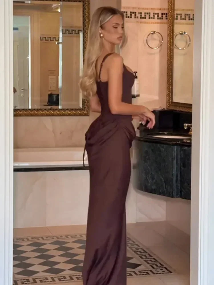 Sexy Square-neck Halter Long Dress Women 2025 Pleated Sleeveless Backless High Waist Bodycon Dresses New Summer Lady Party Gowns