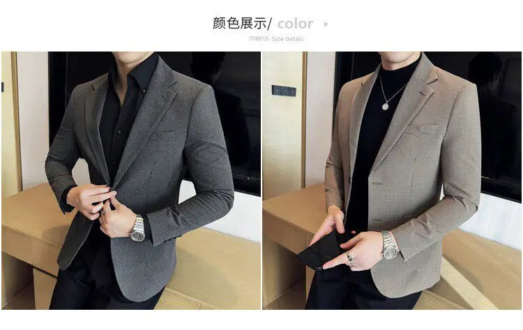 Korean Vintage Elegant Men's Business Slim Fit Suit Jacket 2026 New Fashion Lapel Single Breasted Men Social Party Dress Coats