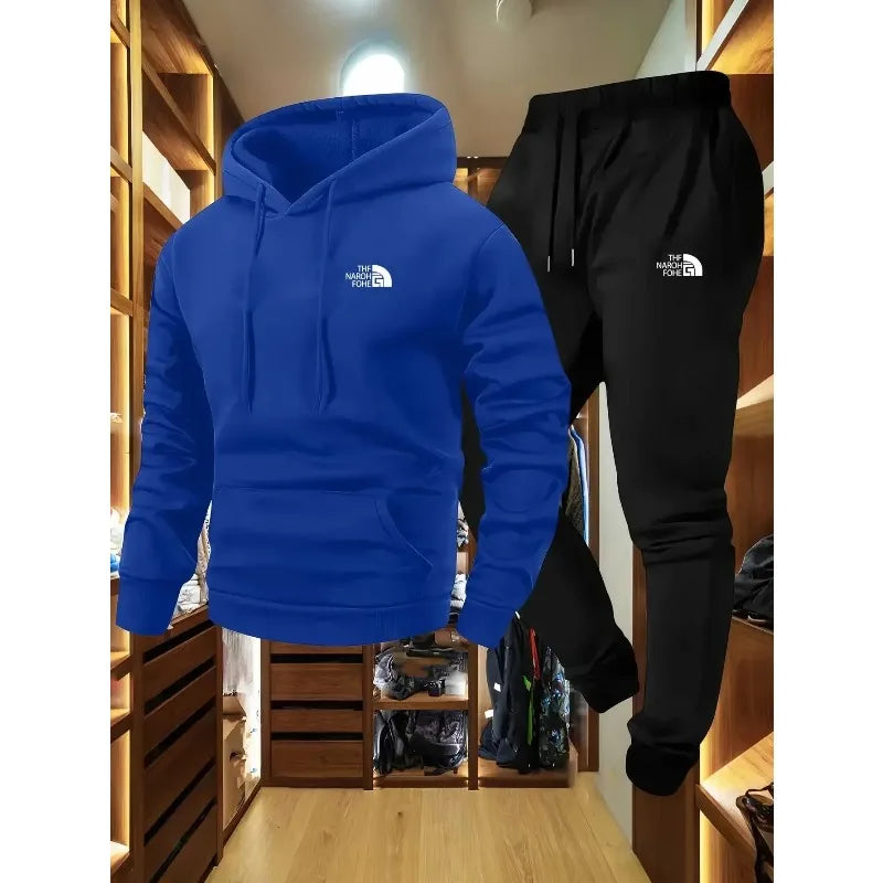 Men's Autumn and Winter Pattern Casual Two-Piece Set Hooded Sweatshirt and Pants with Pockets Regular Fit Outdoor Sport Suit