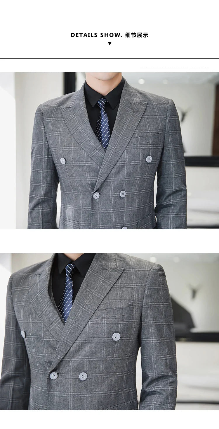 S-5XL ( Blazer + Pants ) Men's High-end Brand Formal Double Breasted Suit Gray 2 Piece Set Wedding Dress Plaid Suit Groom Party
