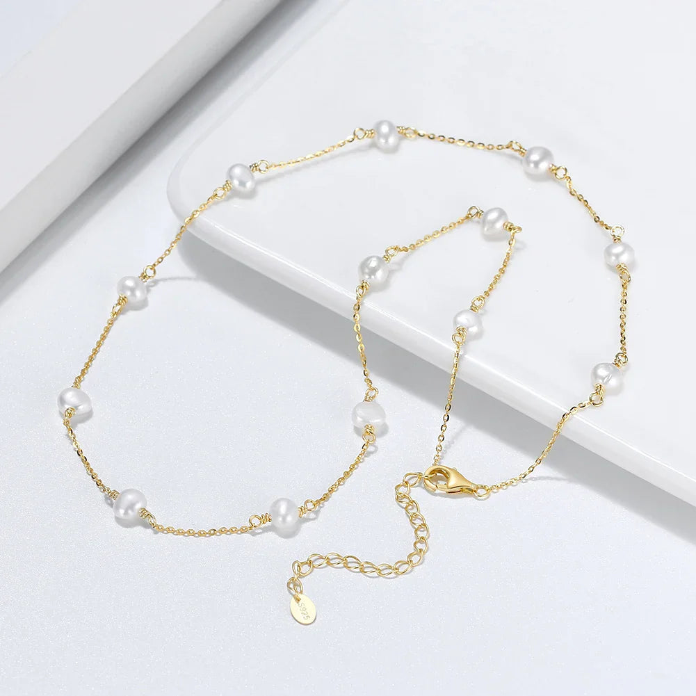 14K Gold 925 Sterling Silver Pearl Necklace with 3-4mm Handmade Natural Baroque Pearl Tiny Chain for Women GPN19