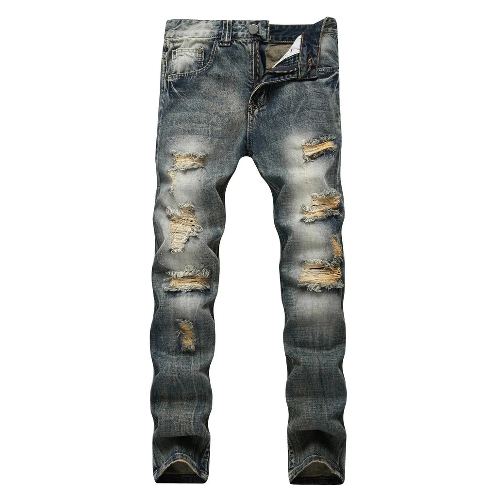 Cross-Border Men's Wear Ripped Straight-Leg Slim Fit Smooths Your Silhouette No Stretch Jeans Light-Colored Denim Trousers Amazo