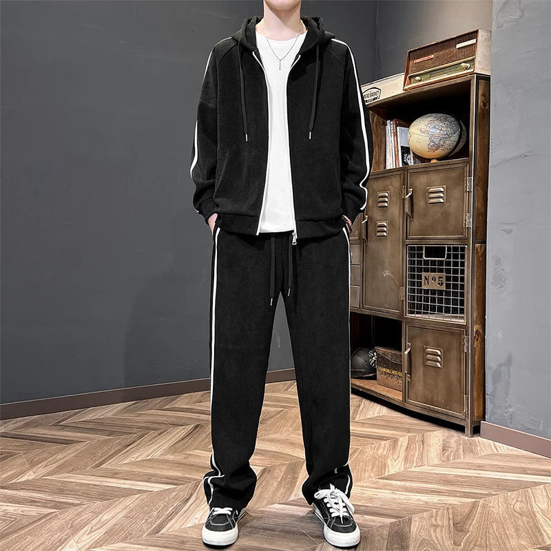 طقم بدلة رياضية رجالي كوردروي مقاسات كبيرة 8xl 7xl، سويت شيرت أسود بقلنسوة وسروال قطعتين، بدلات خريف وشتاء، جاكيت بغطاء للرأس كبير الحجم ملابس رياضية للرجال