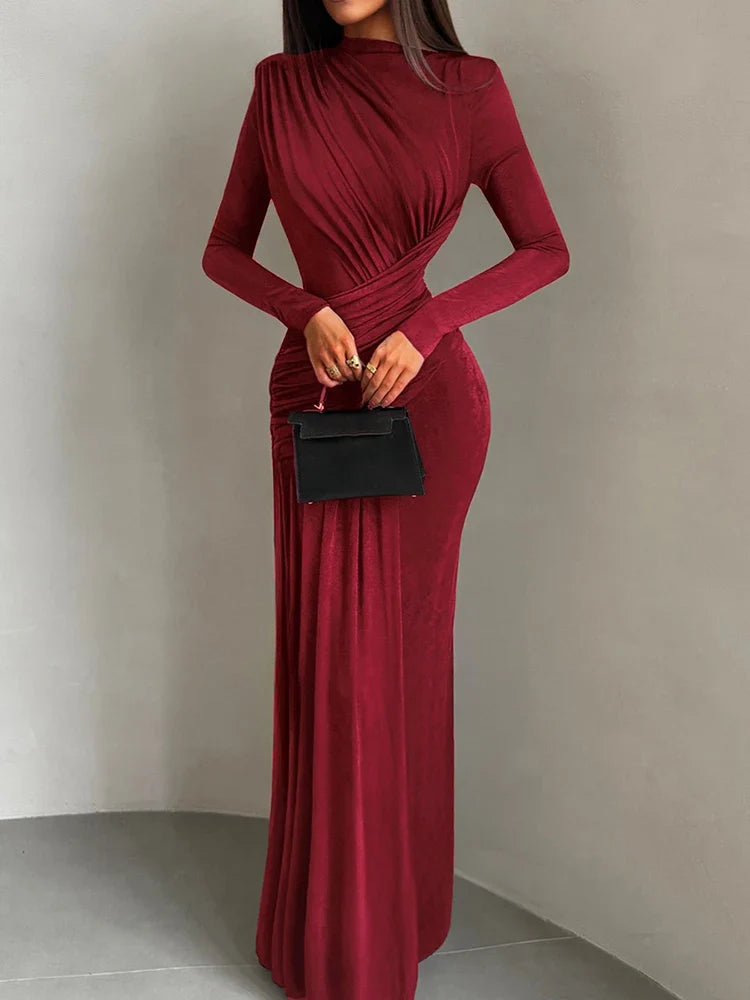 Sisterlinda Folds Maxi Dress Women O-Neck Full Sleeve Solid Banquet Elegant Vacation Fashion Autumn Skinny Casual Simple Vestido