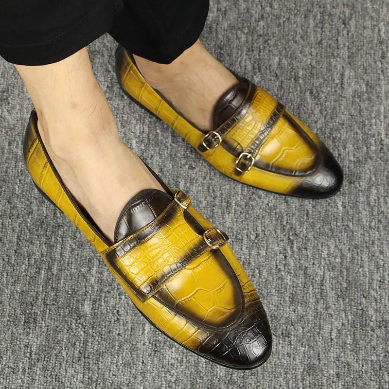 Men Loafers Double Monk Strap Slip on Fashion Casual Penny Footwear Business Wedding Evening Genuine Leather Crocodile Printing
