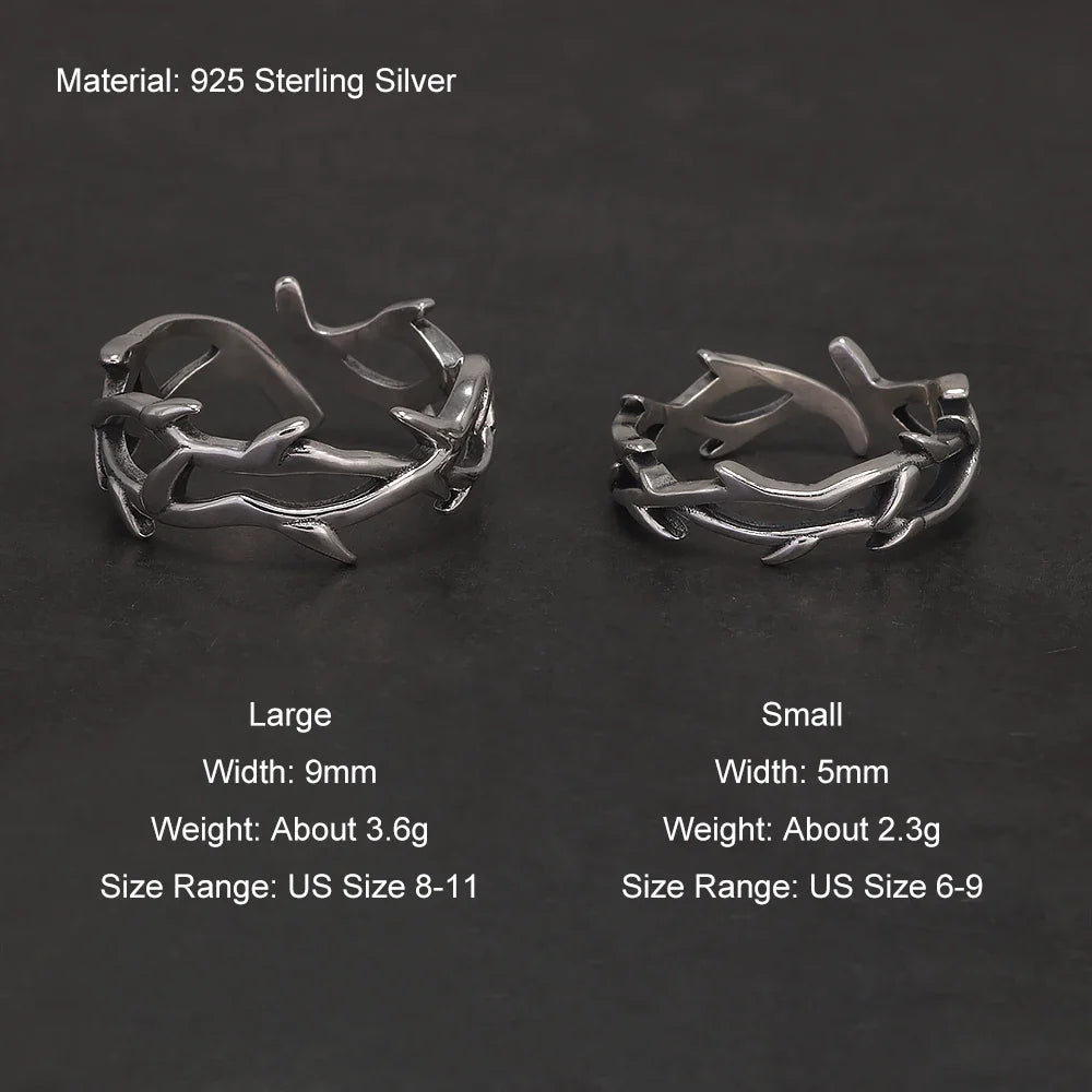 925 Sterling Silver Gothic Thorn Couple Rings for Women Men Punk Retro Cool Spiky Finger Ring Adjustable Hip-hop Y2k Jewelry