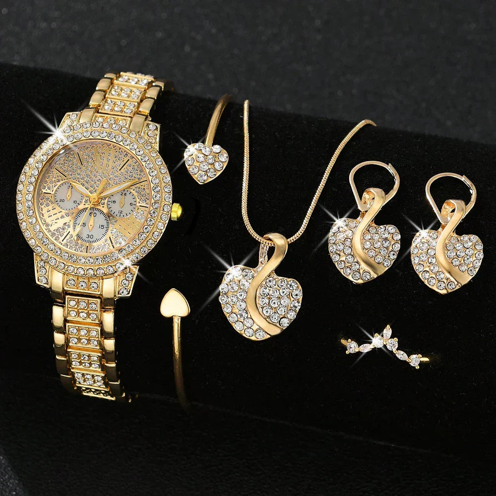 Ladies Watch 6pcs/Set Women's Fashion Heart Necklace Earings Bracelet Rings Jewelry Set Shaped Rhinestone Quartz Watch Set Watch
