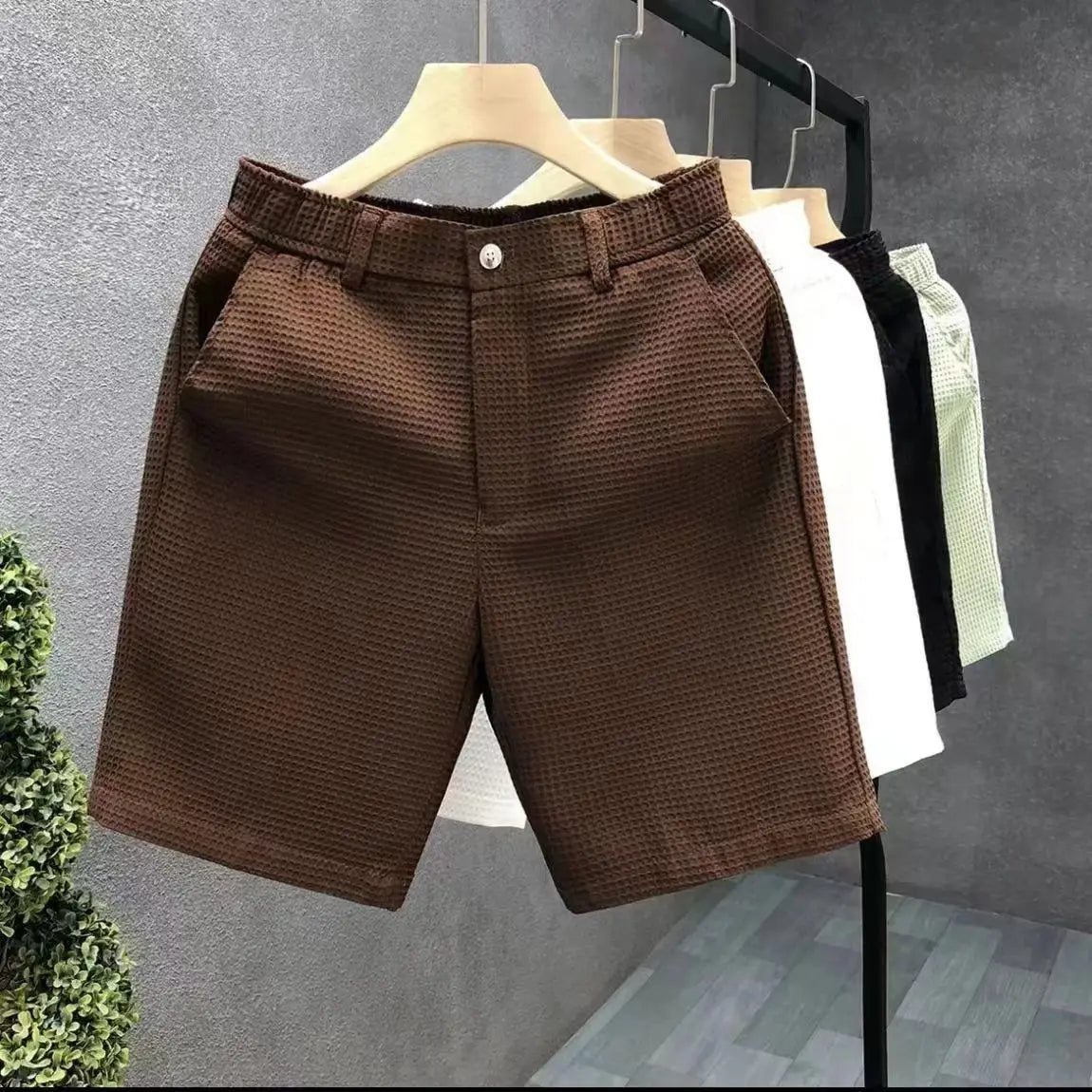 Men's Shorts Plaid Texture Solid Straight-leg Business Social Elastic Waist Button Short Pants Loose Knee Length Casual Short