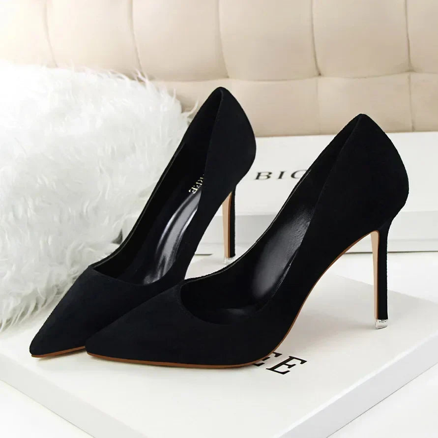 Women Elegant Flock Orange Purple Evening Banquet Party Pumps Lady Classic Scarpin New Burgundy 9cm High Heels Shoes Plus Size