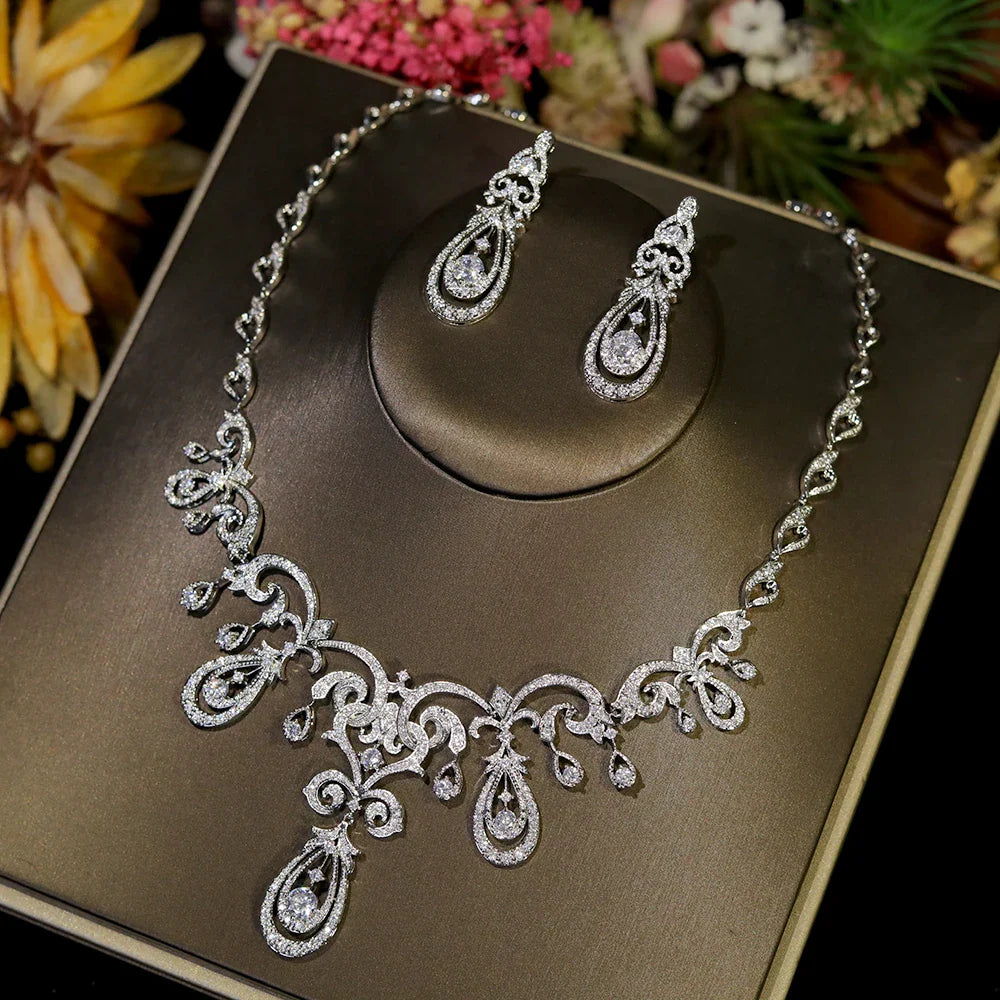 Fashion Geometric Design Bridal Dress Necklace Jewelry Sets High Quality Cubic Zirconia For Women Party Accessorie X0593