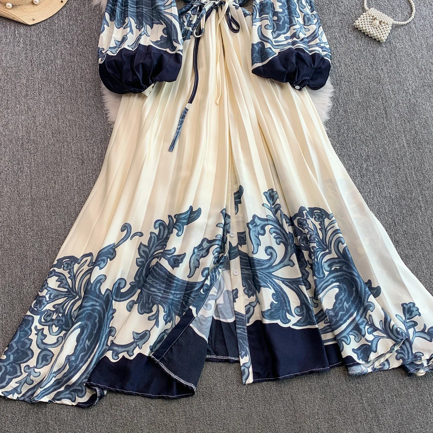 Printed round Ne Lantern Sve Dr Women's Single Button Waist Cinch Maxi Skirt Long Dr Commute Sle Autumn