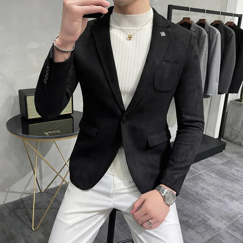 Plus Size 4XL-M Autumn Deerskin Velvet Jackets Blazer 6 Color Men Business Slim Blazers Hommes Casual Wedding Tuxedo Suit Coat
