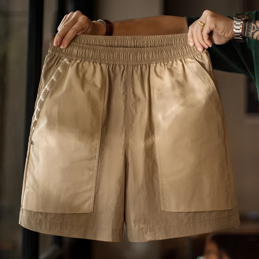 Outdoor Quick-Dry Khaki Cargo Shorts Men's Summer Lightweight Woven Straight Leg Beach Pants Elastic Waist Pocket Shorts