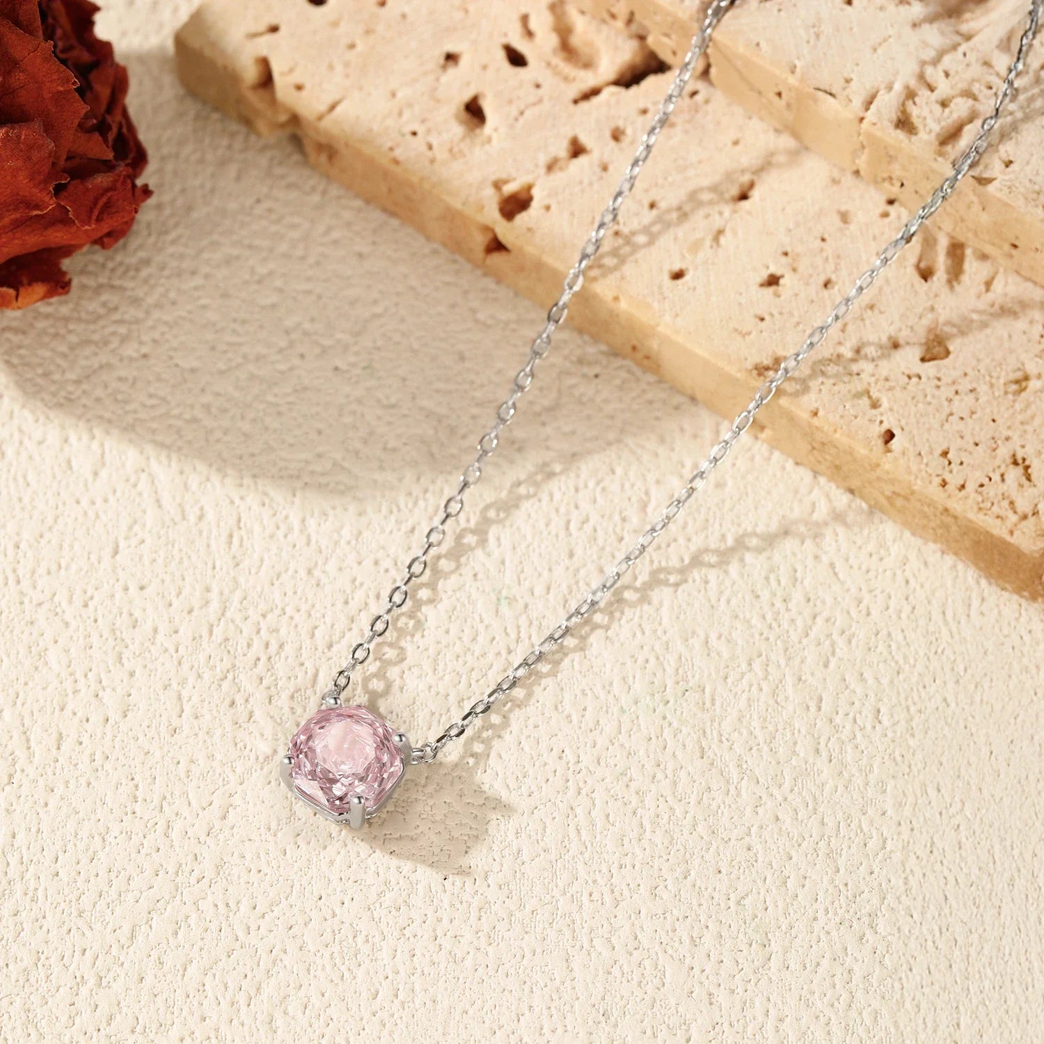 Rose Cut Pink CZ Pendant Necklace 925 Sterling Silver Sweet Delicate Light Pink Necklace For Women Party Fine Jewelry