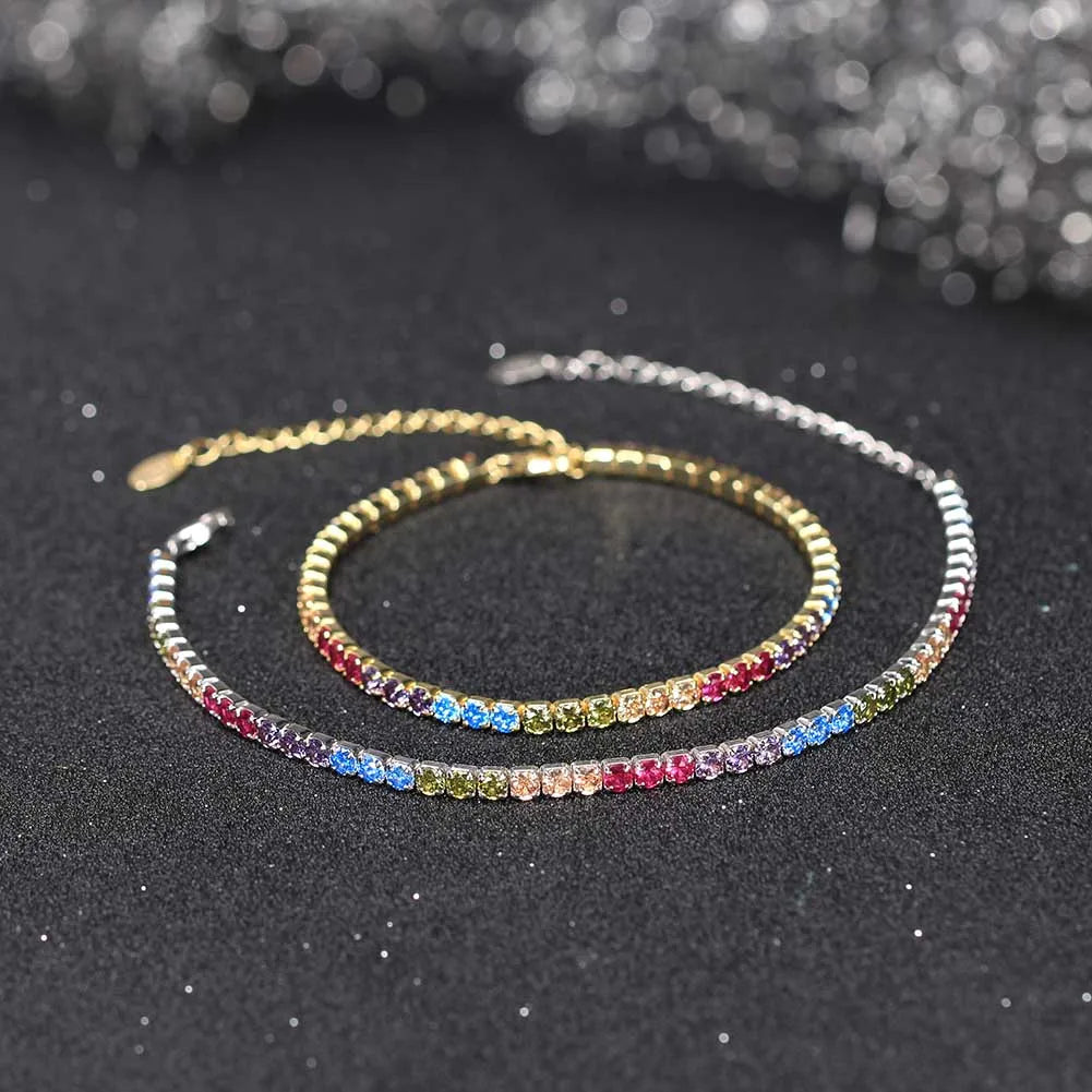 Fashion 3mm Bezel Setting Colorful 4A Cubic Zirconia Tennis 925 Sterling Silver Adjustable Bracelet for Women SB192