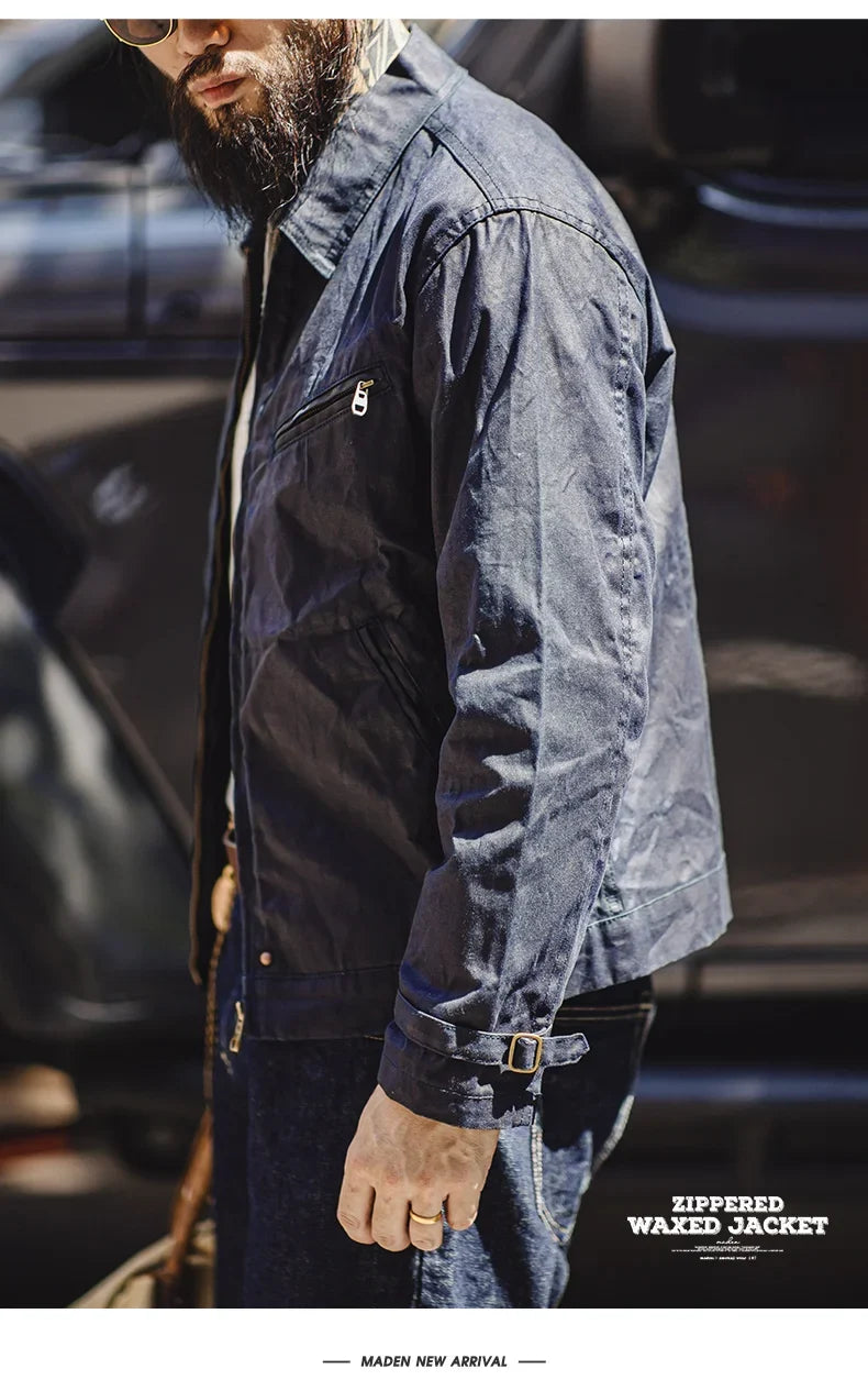 Men's Vintage IV Oil Waxed Canvas Jacket Lapel Zipper Short Outerwear Classic Slim Fit for Men's Spring and Fall Jacket