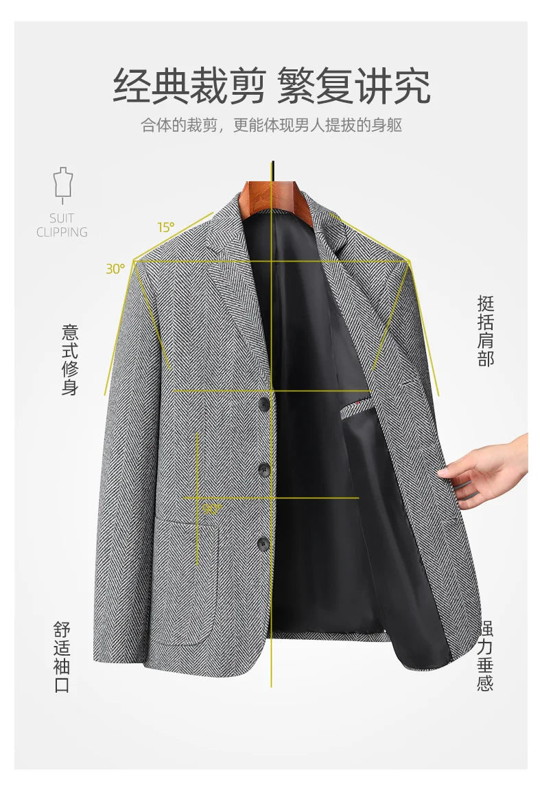 Men's Wool Blazer Herringbone Pattern Casual Business Suit Jacket Comfortable and Stylish Coat