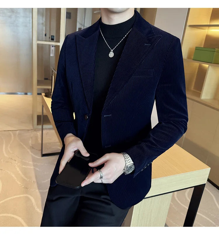 Corduroy Stripe Suit Jacket For Men Autumn Winter Business Slim Fit Tailcoat Formal Wedding Party Fashion Casual Suit Coat 4XL-M