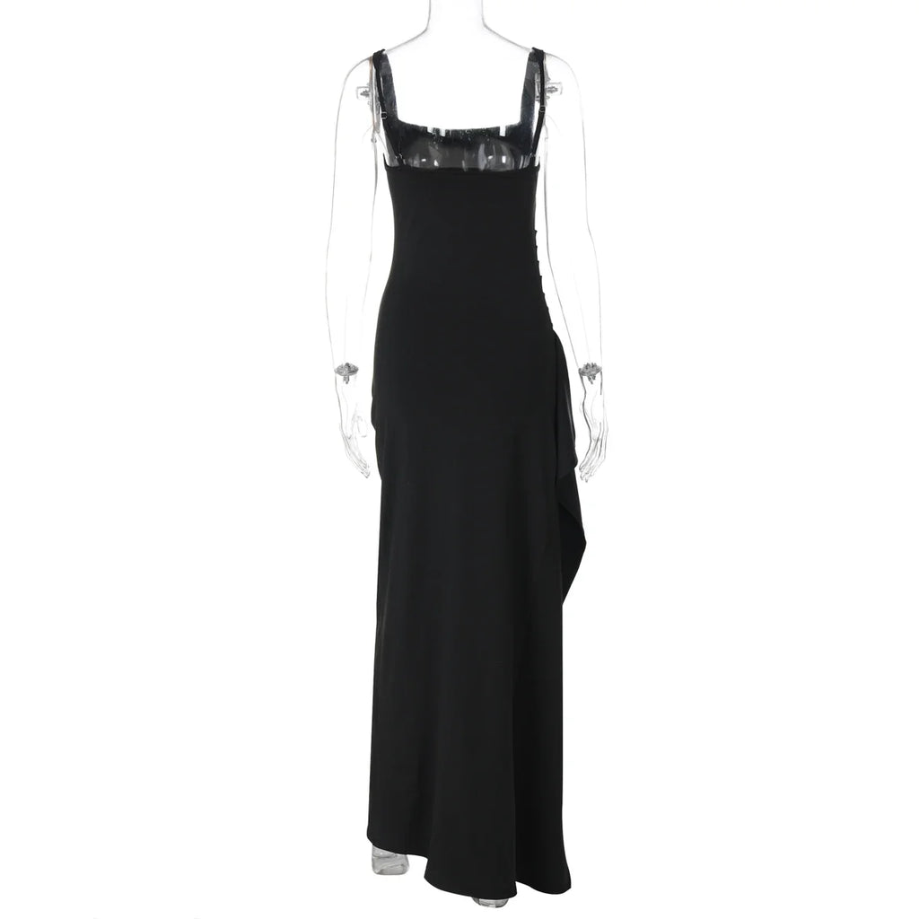 Women Elegant Solid Straps Slit Ruched Patchwork Sexy Bodycon Maxi Dress Summer Outfits Evening Party Birthday Festival