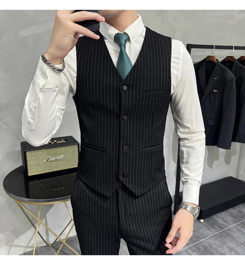 ( Blazer+Vest+Pants ) Groom Wedding Male Suit Luxury Brand Fashion Striped Men's Casual Business Office Double Breasted Suit