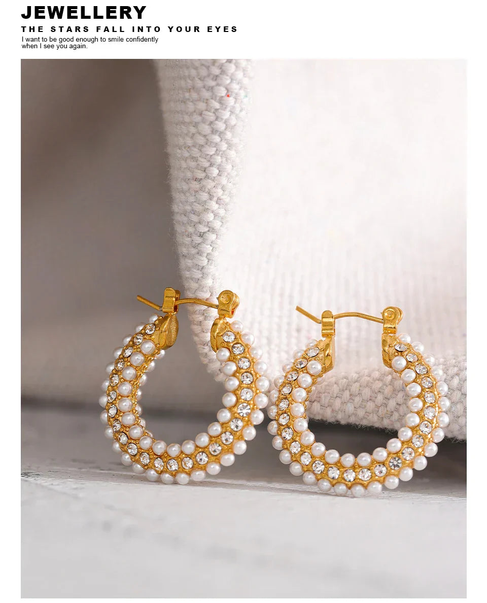 Exquisite Luxury Stainless Steel Imitation Pearls Hoop Huggie Earrings Romantic Elegant Fashion Charm Trendy Chic Jewelry