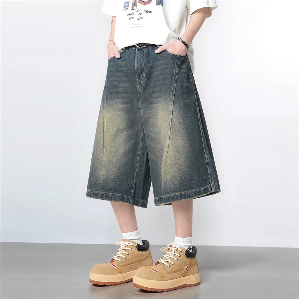 Vintage Washed Gradient Denim Mid-Rise Shorts with Streetwear Loose Wide Leg Fit for Summer Breathability