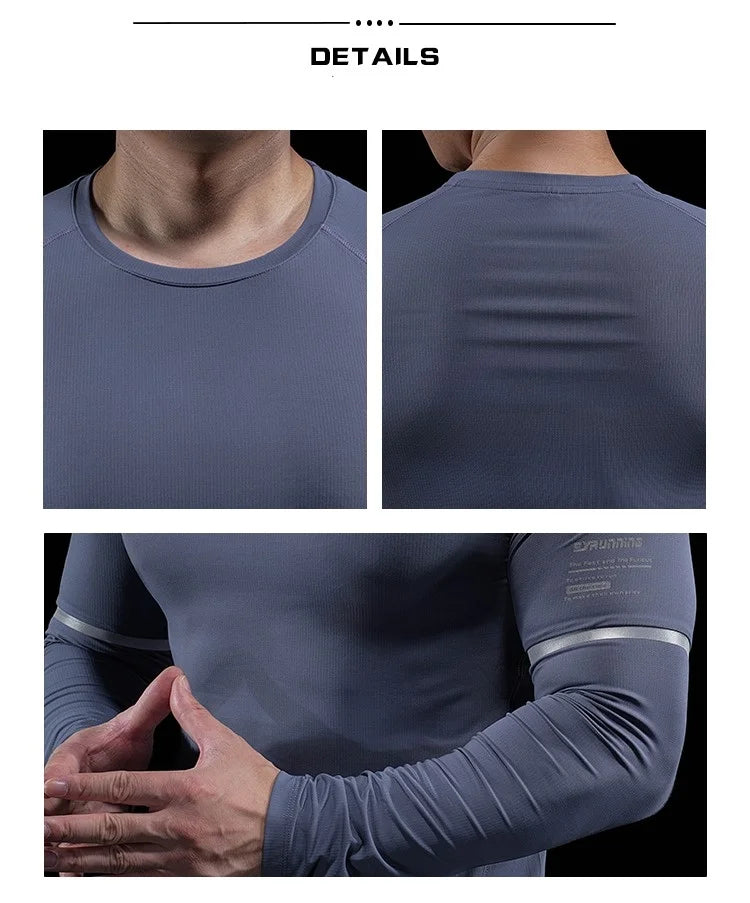 Autumn New Men's Sports Gym Fitness Clothes Reflective Strips Round Neck Training Long-sleeved T-shirt Running Slim Breathable