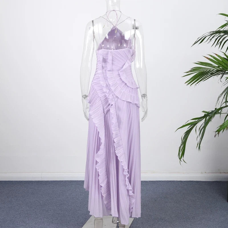 Elegant Neck Strap Ruffles Evening Gown Solid Folds A Line Lace Up Backless Sexy Party Dress 2025 New Party Vacation Y2k Robe