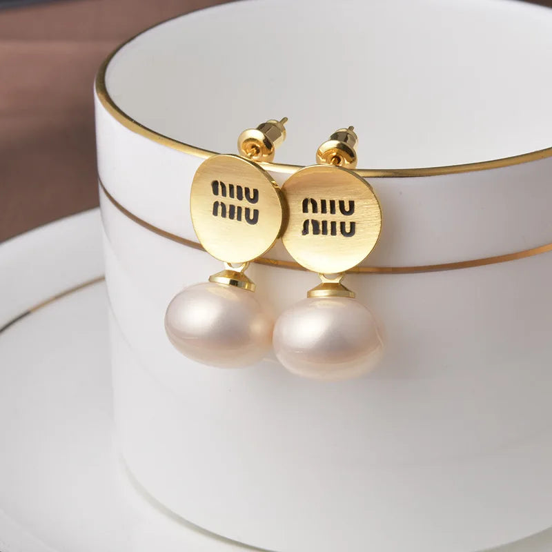 Luxury Brand 18K Gold Plated French Pearl Pendant Earrings, Trendy Women's Jewelry Accessories，Wedding Banquet Anniversary Gift