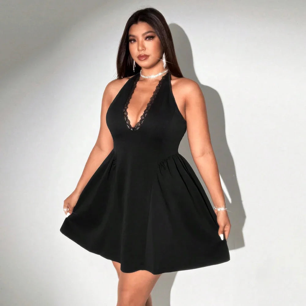 Plus Size Spring/Summer New Arrival Dress V-neck Sensual Lace-trimmed Sleeveless Puff-skirt Evening Gown Solid Colour