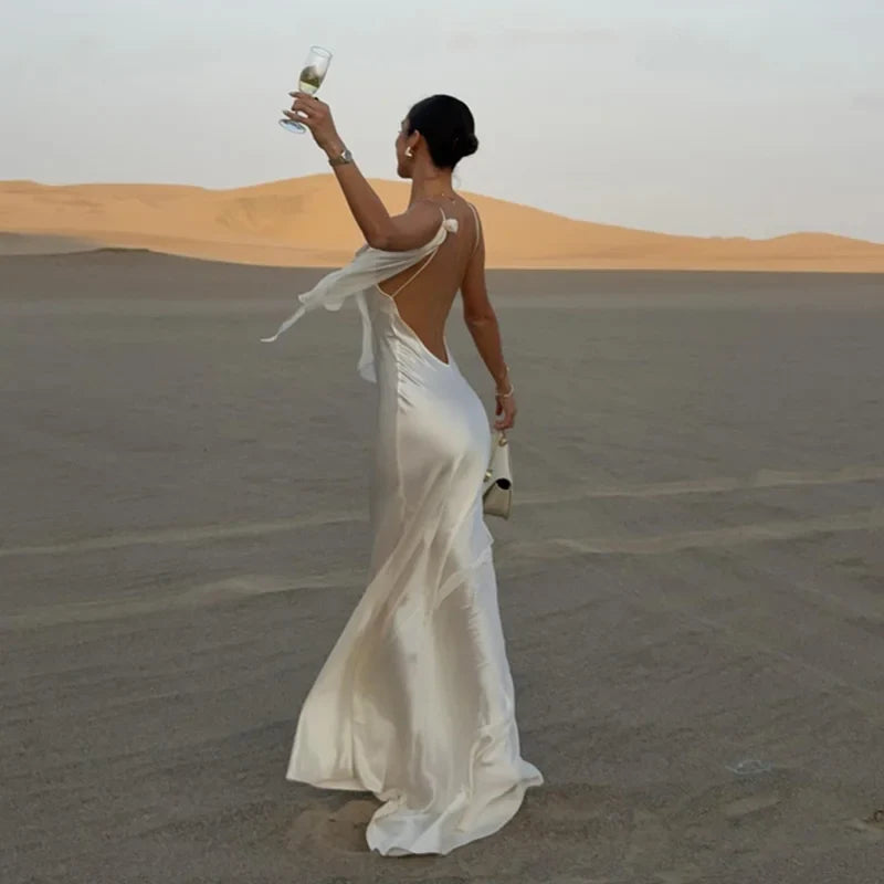 Elegant 3d Flowers Backless Dress Women Bodycon Swing Collar Sleeveless White Sling Maxi Robe 2025 Summer Lady Evevning Vestidos
