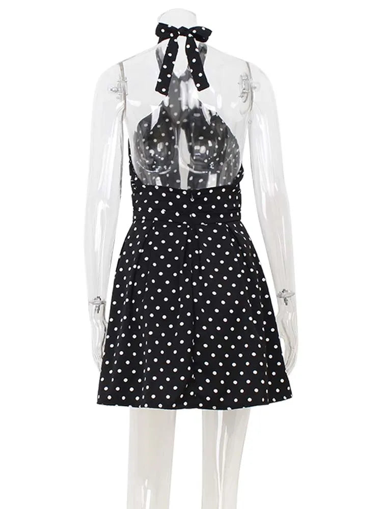 Hollow Out Backless Halter Lace-up Outfits Sheath Women Dresses A-Line Fashion Dot Prints Elegant Female Bodycon Sexy