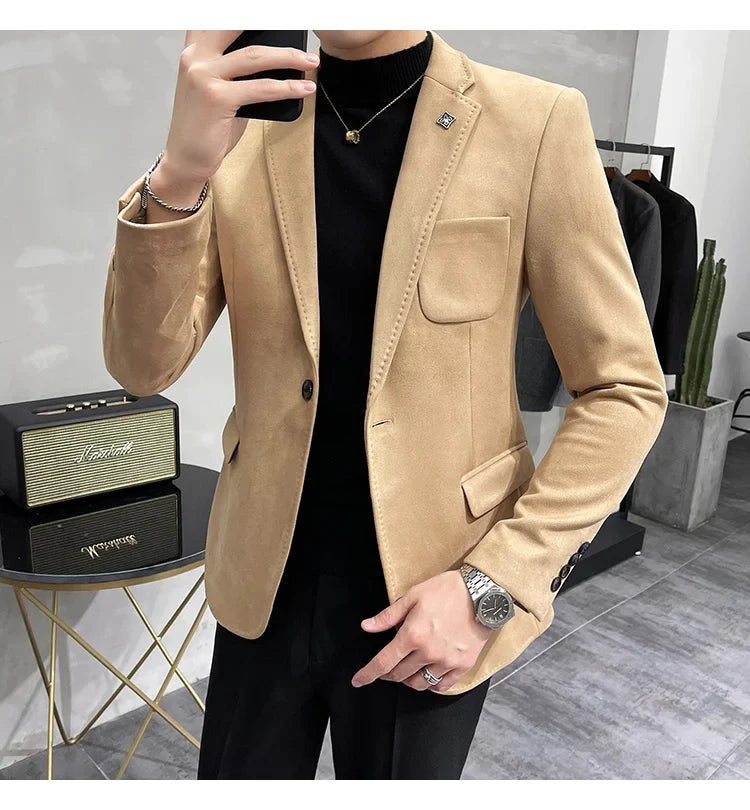Plus Size 4XL-M Autumn Deerskin Velvet Jackets Blazer 6 Color Men Business Slim Blazers Hommes Casual Wedding Tuxedo Suit Coat