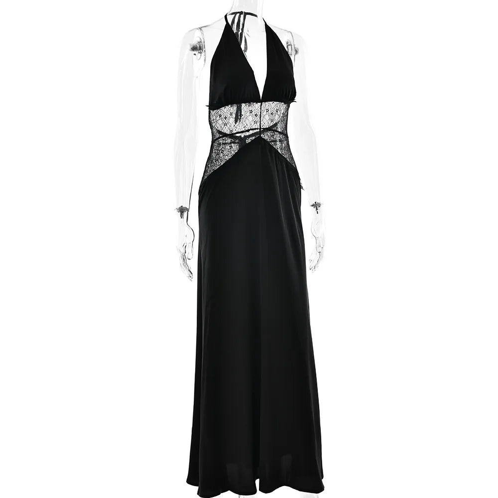 Sexy Deep V-neck Backless Lace Patchwork Satin Dresses for Women 2026 Summer Halter Sleeveless Long Maxi Party Evening Dress