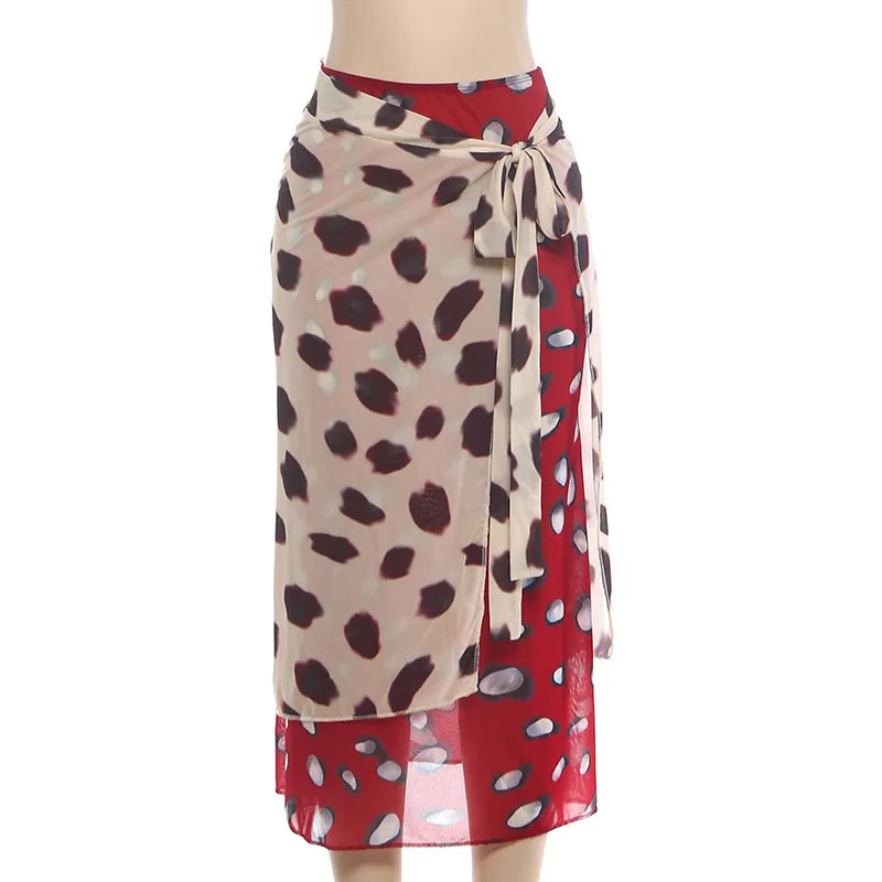 Print V-neck Lace Up Casual Dress Women Chic Thin Mesh Polka Dot Flared Sleeves Patchwork Slim Fit Dresses Lady Daily Vestidos