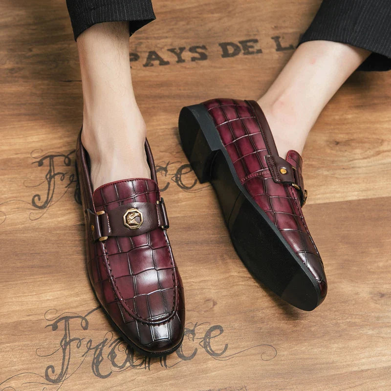 Men Metal Decor Crocodile Embossed Slip On Dress Loafers, Leisure Burgundy Dress Shoes