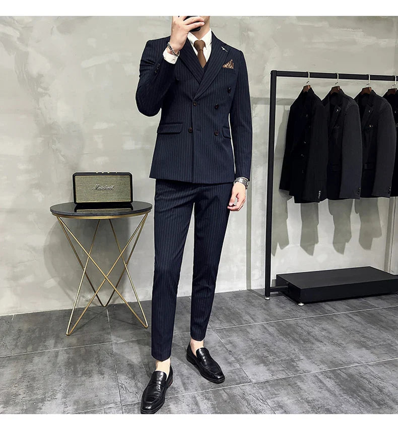 ( Blazer+Vest+Pants ) Groom Wedding Male Suit Luxury Brand Fashion Striped Men's Casual Business Office Double Breasted Suit