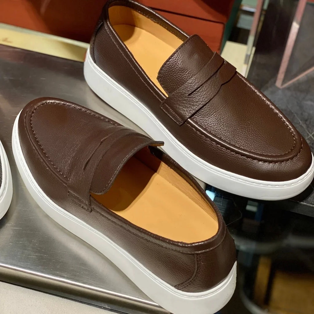 2026 New Men Genuine Grain Leather Penny Loafers Slip On Platform Non Slip Soft Sole Business Casual Driving Daily Walking Shoes