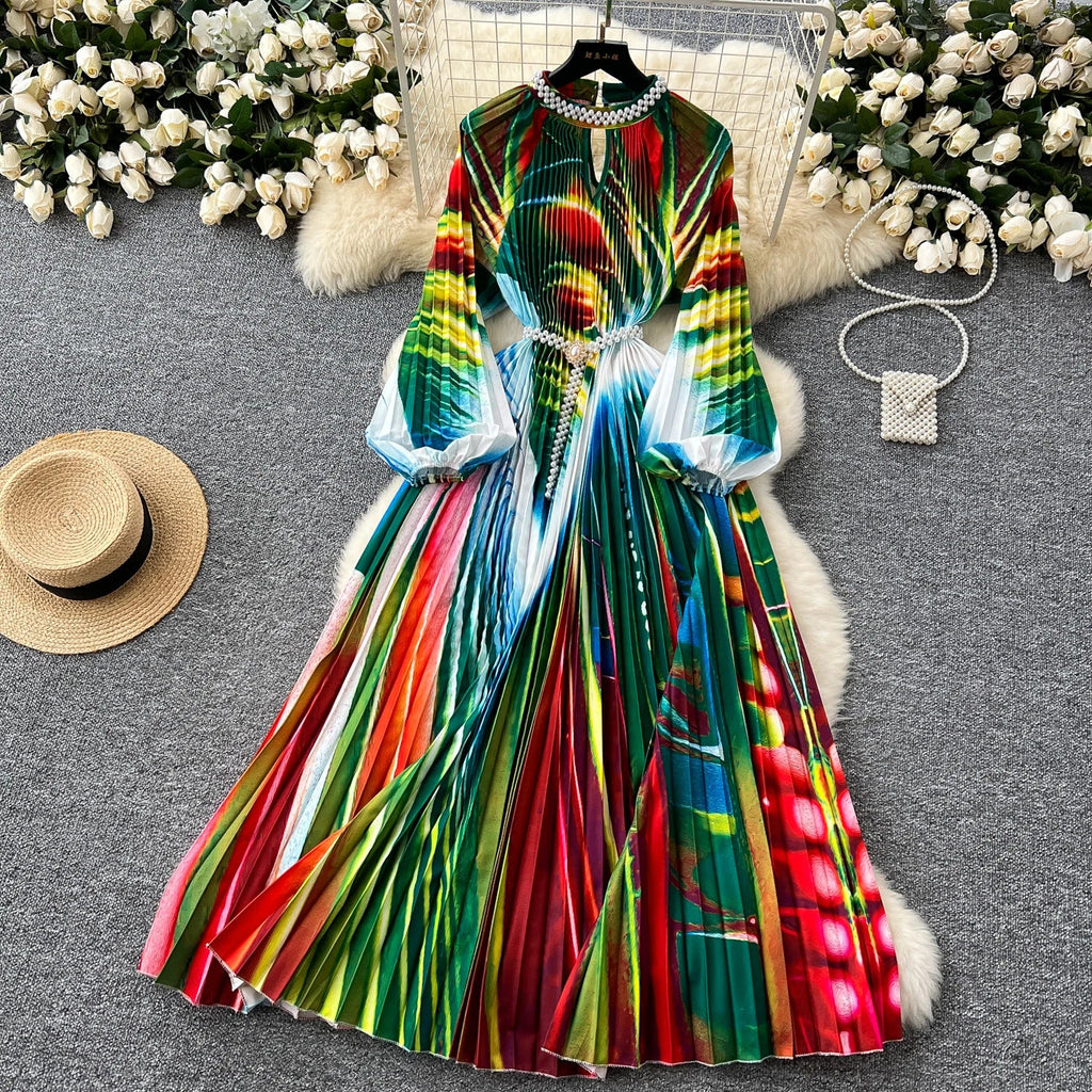 High-End Women's Dr Faionable Beaded round Ne Hollow out Pleated Lantern Sve Waist Cinched Floral Print Lon...