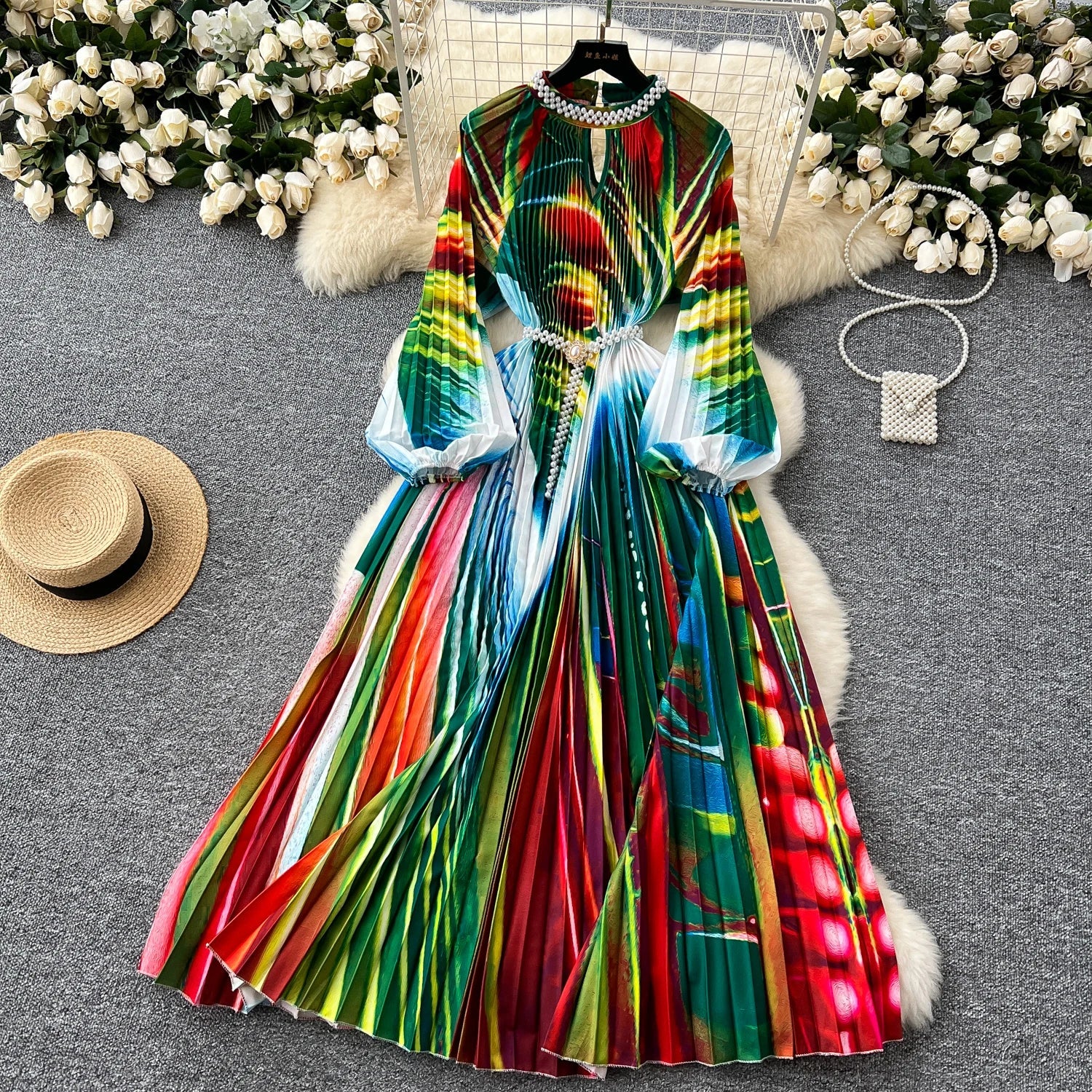 High-End Women's Dr Faionable Beaded round Ne Hollow out Pleated Lantern Sve Waist Cinched Floral Print Lon...