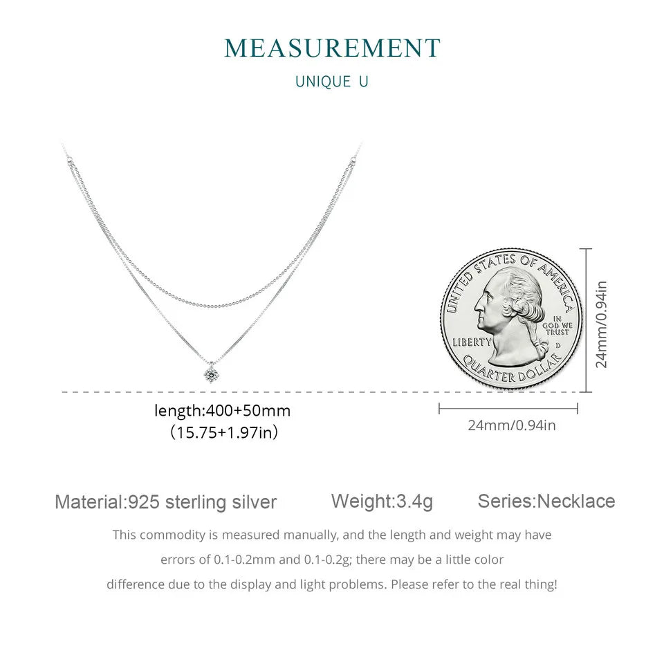 925 Sterling Silver Shining Zircon Pendant Necklace Double Layer Neck Chain for Women Engagement Wedding Fine Jewelry